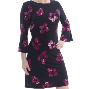 Black Sheath Dress Purple Flower Bell Sleeves Sz12